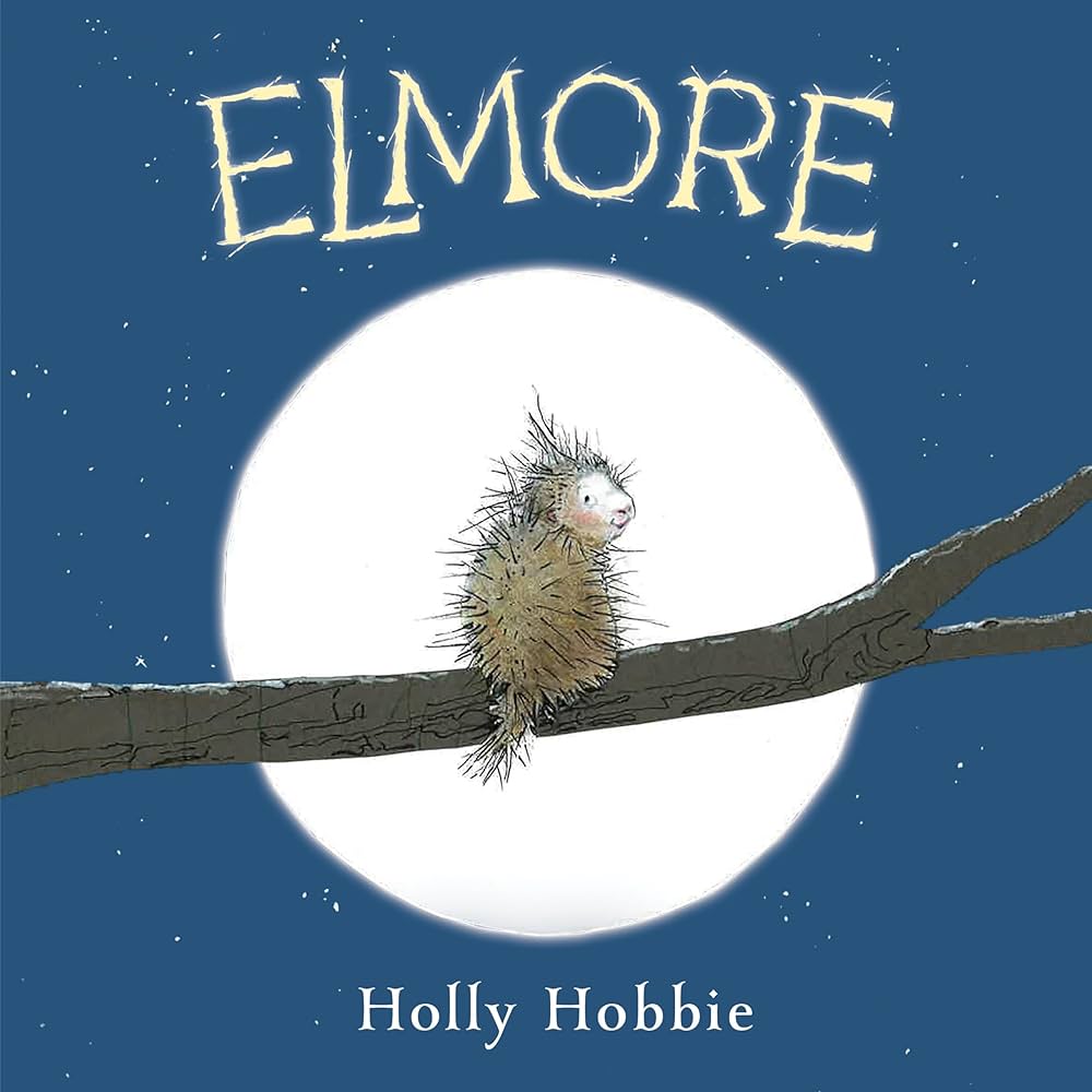 "Elmore" by Holly Hobbie: A porcupine sits on a tree branch in front of a full moon.