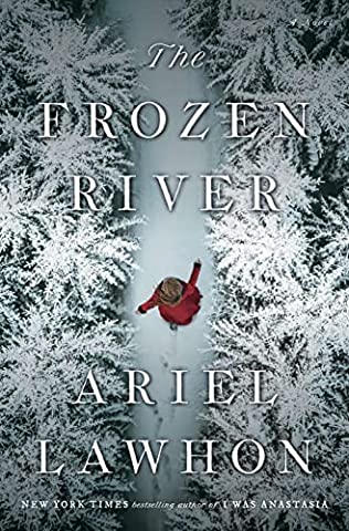 alt= Book cover of "The Frozen River" by Ariel Lawhon, featuring an overhead view of a person in red walking through a snowy forest.