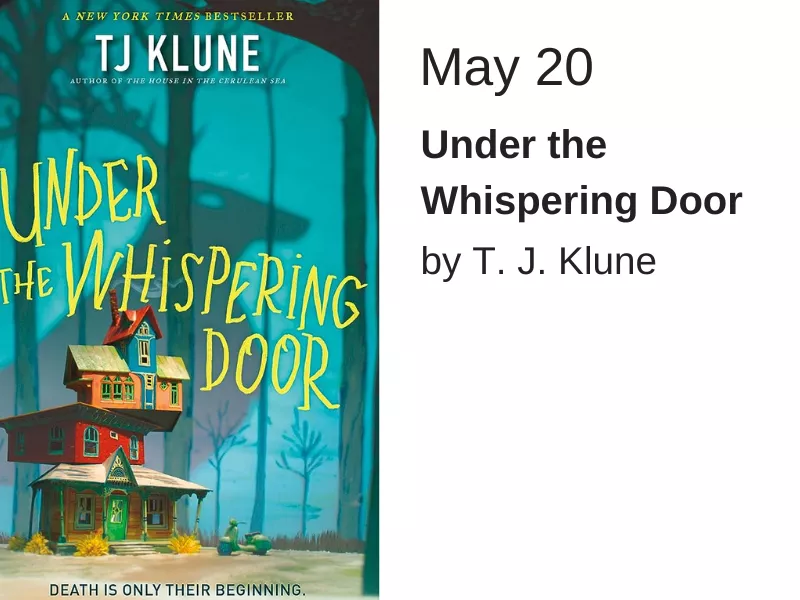 A multistory house, each story a different color, stands at the bottom of the cover. Behind it is a light blue background with silhouettes of trees and a large deer. Yellow text reading "Under the whispering door" is framed around the house  