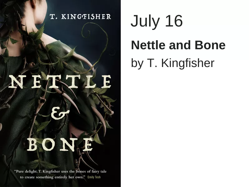 A dark blue background with a young woman standing with her back to the audience. She takes up most of the image and has on a green dress with several thorns on it. The words "Nettle and Bone" are written in white text over the image