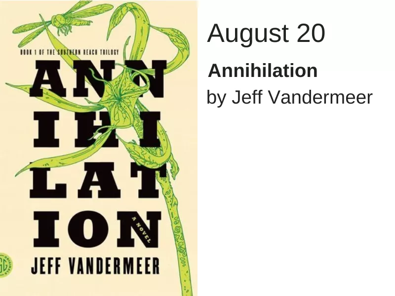 A white background with "Annihilation" written in large black text. The text is arranged in four rows of three and a green plant loops between the letters