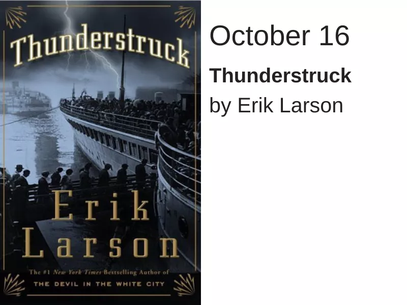 A black and white image of a large ship with a line of people entering.  White text at the top reads "Thunderstruck"