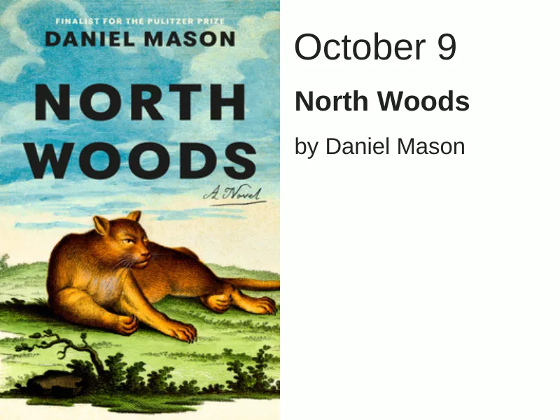 A drawing of a grassy field with a brown wildcat lying in the center. The words "North Woods" are written in black over the image.