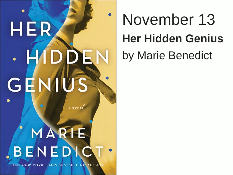 A photo of a woman where half is in a blue filter and half is in a yellow filter. The words "Her Hidden Genius" Are written in white over the image